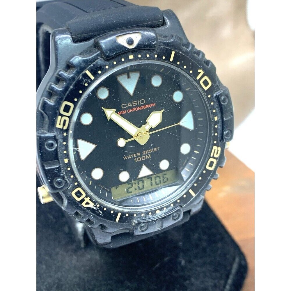 Casio Men's Watch AQ-110 Quartz Analog Digital Alarm 44mm 740 Black Rubber USED - Picture 13 of 14